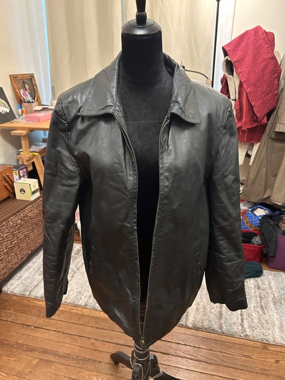 Vintage Black 100% Leather Zip-Front Jacket